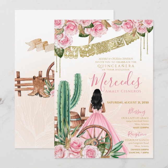 Invitación Rosa del desierto Charro rosa Quinceanera Cactus O (Anverso / Reverso)