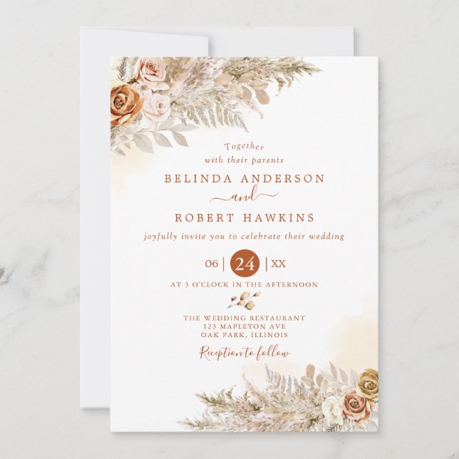 Invitación Rosa del desierto Earthy Fall Boho Pampas Boda de  (Anverso)