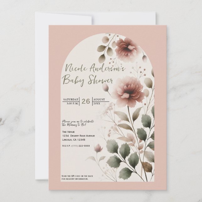 Invitación Rosa del Desierto Rosa y Floral Verde Baby Shower (Anverso)