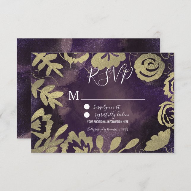 Invitación Rosa del Jardín Floral Botánico Boda Púrpura Oro (Anverso / Reverso)