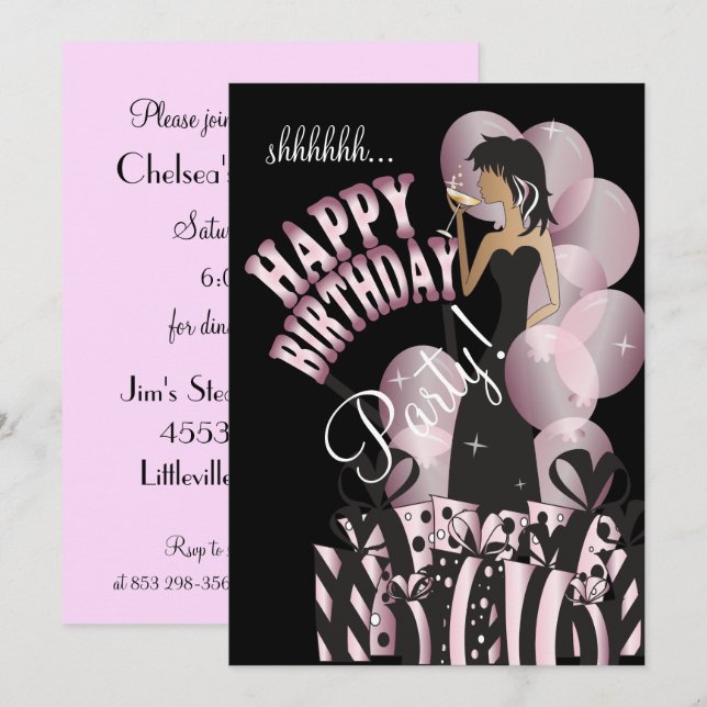 Invitación Rosa del nombre el | del chica el | DIY de la diva (Anverso / Reverso)