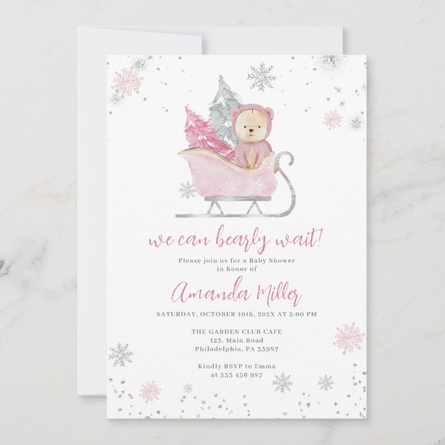 Invitación rosa del oso y la nieve Baby Shower de  (Anverso)