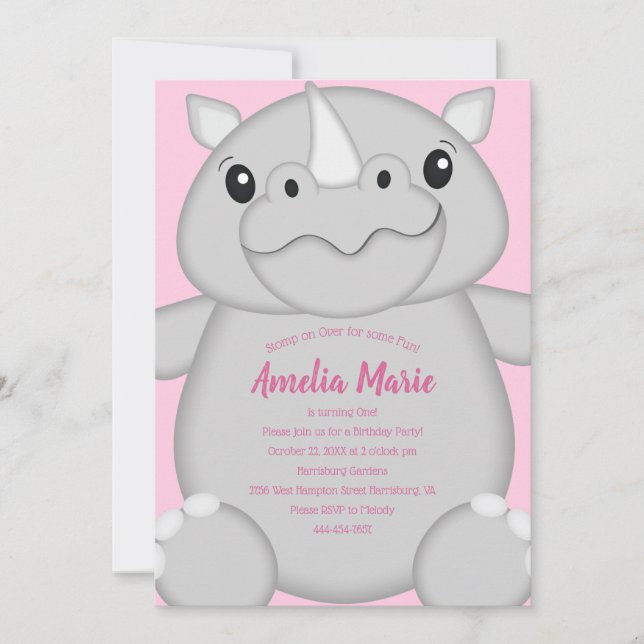 Invitación Rosa del partido de cumpleaños Rhino (Anverso)