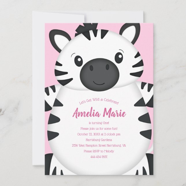 Invitación Rosa del partido de cumpleaños Zebra (Anverso)