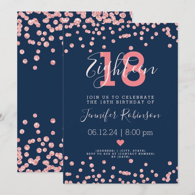 Invitación rosa del partido de los 18 Años, Marina Purpurina  (Anverso / Reverso)