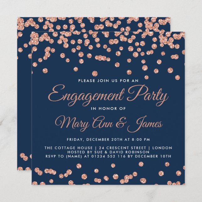 Invitación Rosa del Partido del Oro Purpurina Confetti (Anverso / Reverso)