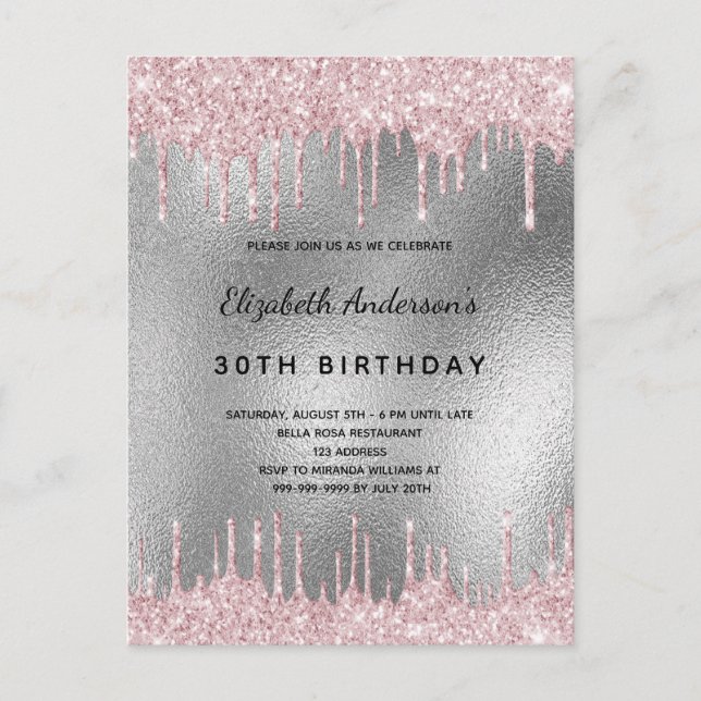 Invitación rosa del purpurina de plata de la fiest (Anverso)