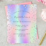 Invitación rosa del rosa de oro del arcoiris de cu<br><div class="desc">Una invitación de moda, elegante y glamurosa para una fiesta de cumpleaños número 50 (o cualquier edad) de una mujer. Fondo de color arcoiris morado, rosa, dorado rosa y verde menta con un elegante rociador de oro rosa. El nombre está escrito con un guión de estilo con letras a mano...</div>
