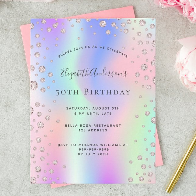 Invitación rosa del rosa de oro del arcoiris de cu (Subido por el creador)