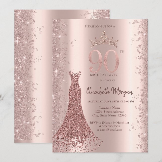 Invitación Rosa del vestido de diamante Purpurina de oro Polv (Anverso / Reverso)
