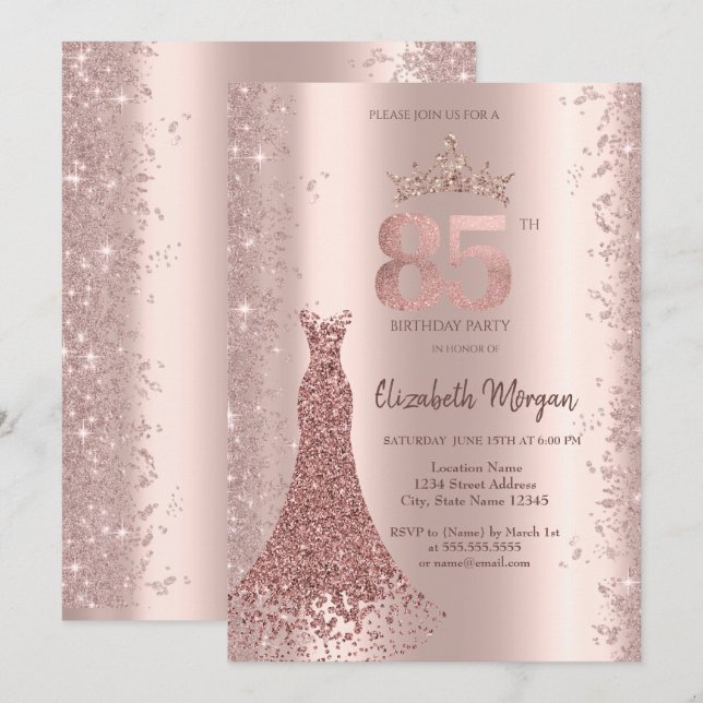 Invitación Rosa del vestido de diamante Purpurina de oro Polv (Anverso / Reverso)