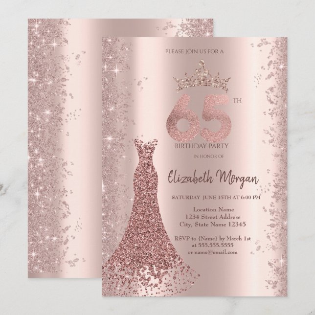 Invitación Rosa del vestido de diamante Purpurina de oro Polv (Anverso / Reverso)