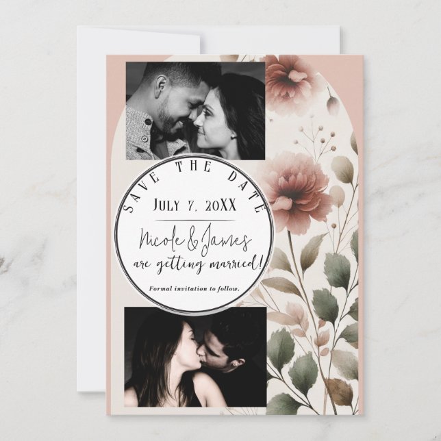 Invitación Rosa Desierto Floral Rosa y Verde Salven La Fecha (Anverso)