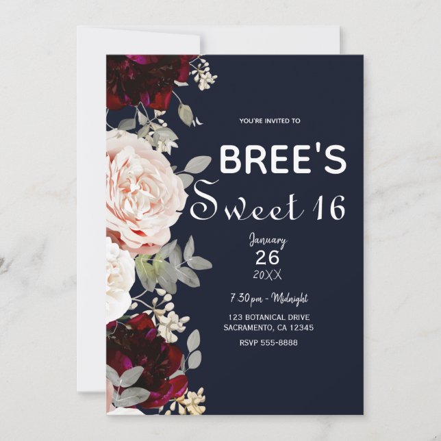 Invitación Rosa Desmayo Azul Marino y Floral Burgundy Dulces  (Anverso)