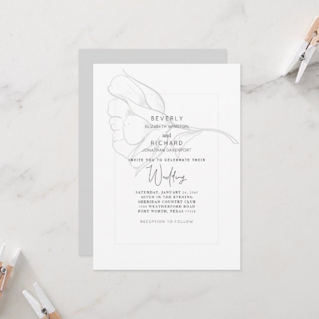 Invitación Rosa Dibujada a Mano Boda Blanca Sencilla (Anverso/Reverso In Situ)
