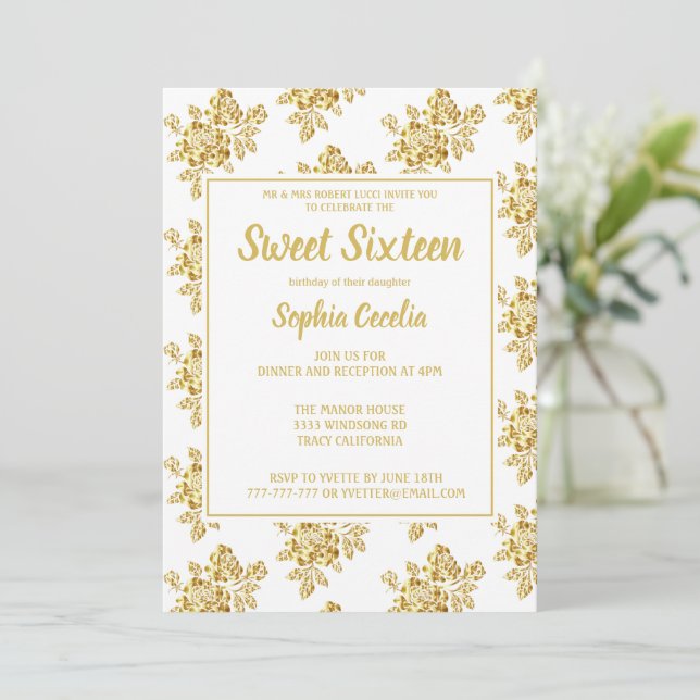 Invitación Rosa Dorada Brillante Cumpleaños 16 Dul (Anverso de pie)