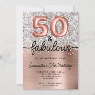 Invitación Rosa Dorada Brillo Plateado 50 y Fabulosa