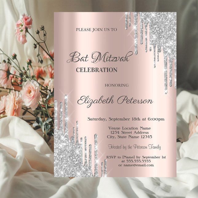 Invitación Rosa Dorada con Drips Modernos de Brillo Plateado  (Subido por el creador)