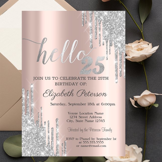 Invitación Rosa Dorada Cumpleaños 25 con Brillo de Plata  (Subido por el creador)