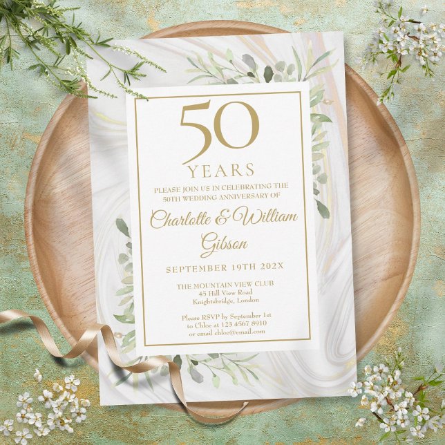 Invitación Rosa Dorada de Mármol de Aniversario de Oro 50 con (50th Gold Anniversary Rose Gold Marble Greenery Invitation)