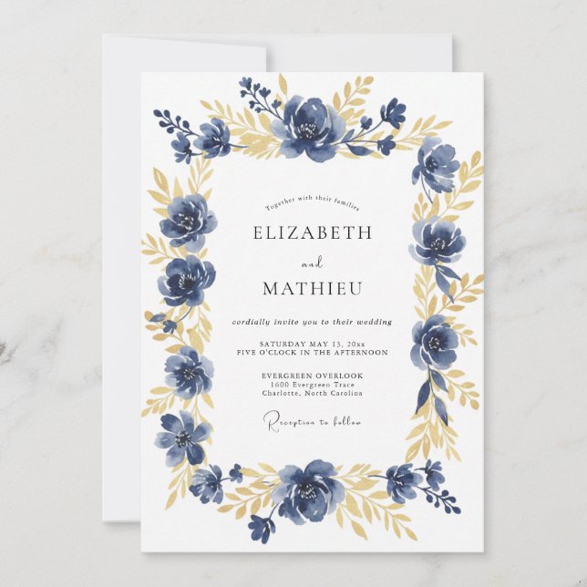 Invitación Rosa dorada de medianoche de boda (Anverso)