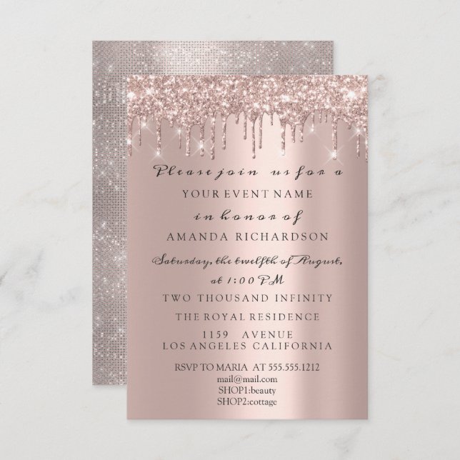 Invitación Rosa dorada elegante bridal cumpleaños Sparkly Gli (Anverso / Reverso)