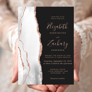 Invitación Rosa Dorada Gris Moderno Agata Pizarra Negra Boda