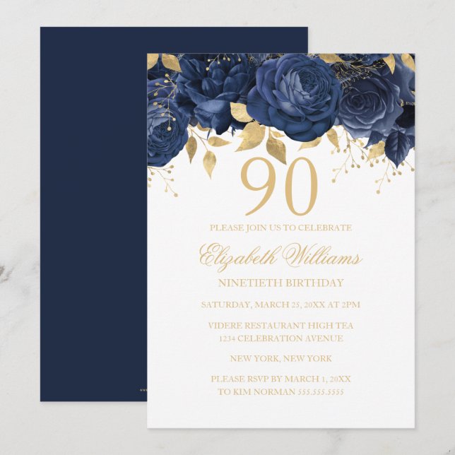 Invitación Rosa dorada naval floral cumpleaños 90 (Anverso / Reverso)