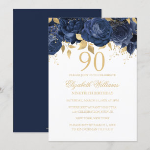 Invitación Rosa dorada naval floral cumpleaños 90