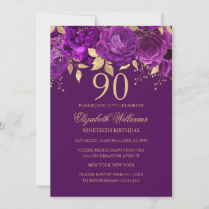 Invitación Rosa Dorada Púrpura Floral Cumpleaños 90