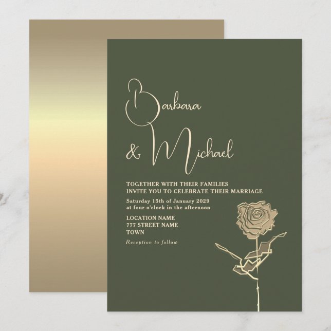 Invitación Rosa Dorada Verde Salvia Elegante Boda (Anverso / Reverso)