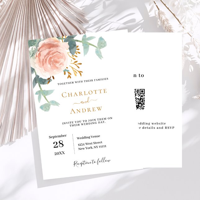 Invitación Rosa dorado acuarela floral código QR boda RSVP (Subido por el creador)
