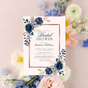 Invitación Rosa Dorado Azul Dusty Floral Rosa Ducha Bridal