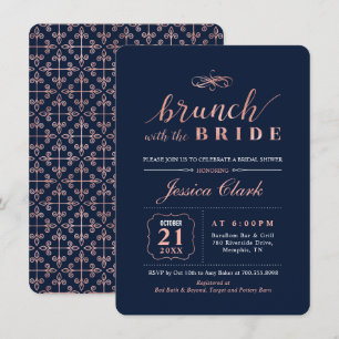 Invitación Rosa Dorado & Azul Marino   Brunch Nupcial de Boda