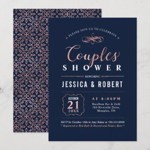 Invitación Rosa Dorado & Azul Marino   Elegante Ducha de Boda