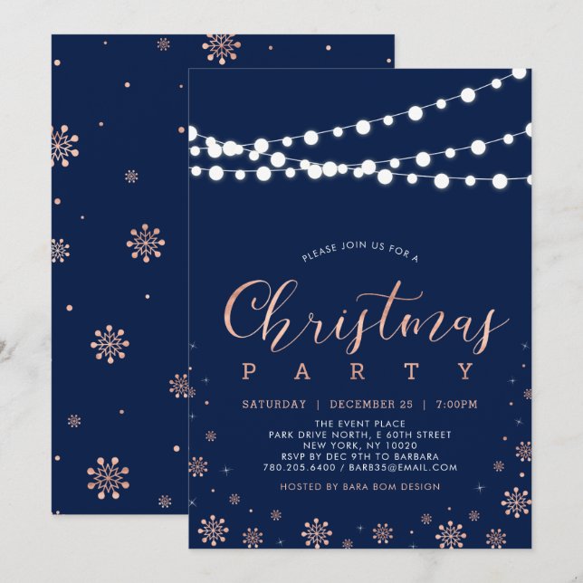 Invitación Rosa Dorado & Azul Marino | Fiesta de Navidad Mode (Anverso / Reverso)