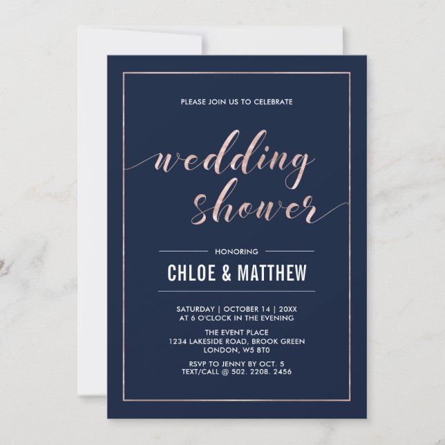 Invitación Rosa Dorado & Azul Marino | Simple Boda Moderna de (Anverso)