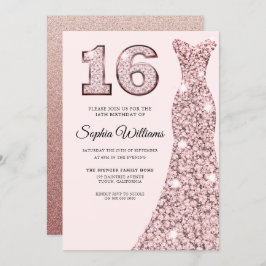 Invitación Rosa Dorado Azul Vestido 16º Cumpleaños Dulce 16