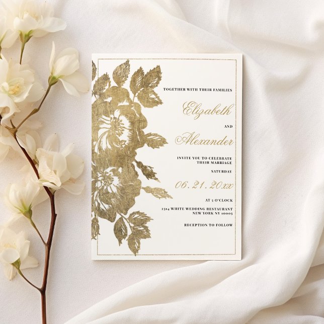 Invitación Rosa dorado blanco  elegante boda de flores (Classy luxurious white gold rose floral wedding)
