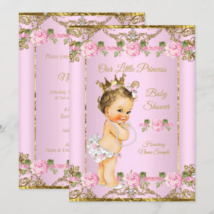 Invitación Rosa Dorado Blanco Princesa Baby Shower Morena