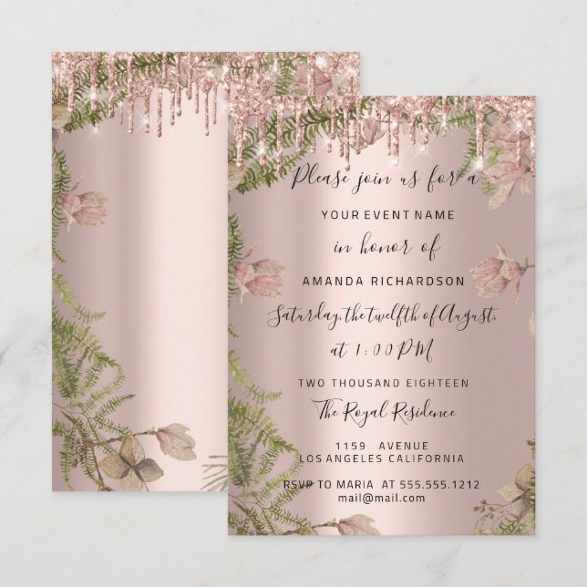 Invitación Rosa Dorado Boda de Novias Floral (Anverso / Reverso)