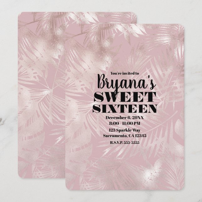 Invitación Rosa dorado Botánico Tropical Palma Dulces 16 (Anverso / Reverso)