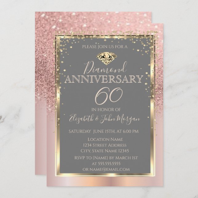 Invitación Rosa Dorado Brillante Diamantes Boda Aniversario (Anverso / Reverso)
