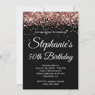 Invitación Rosa Dorado Brillante Glitter Color Sólido Negro