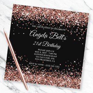 Invitación Rosa Dorado Brillante Glitter Cumpleaños 21 Negro