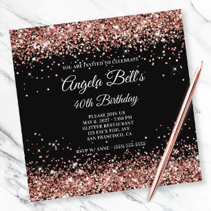 Invitación Rosa Dorado Brillante Glitter Cumpleaños 40 Negro