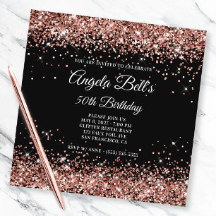 Invitación Rosa Dorado Brillante Glitter Cumpleaños 50 Negro
