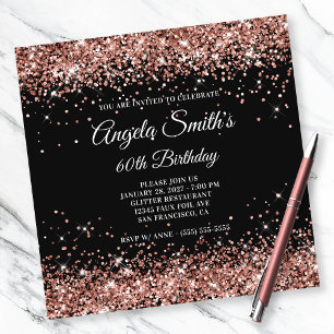 Invitación Rosa Dorado Brillante Glitter Cumpleaños 60 Negro