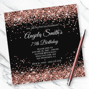 Invitación Rosa Dorado Brillante Glitter Cumpleaños 75 Negro