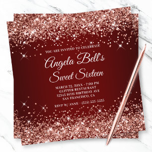 Invitación Rosa Dorado Brillante Glitter Rojo Oscuro Cumpleañ